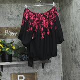 Sam & Jess Womens Off-the-Shoulder Floral Tie-Hem Top Rich Black / Red M