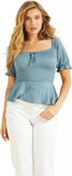 Guess Women's Riza Smocked Short Sleeve Top WBYP53K12X0 Blue L