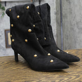 A New Day Studded Faux Suede Mid-Calf Boots with Cone Heel Jet Black / Gold 9M