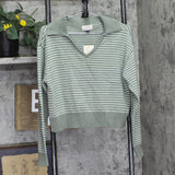 Universal Thread Collared V-Notch Striped Side-Slit Pullover Sweater Green S