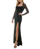 City Studios Juniors Square-Neck Side-Slit Long Sleeve Gown Dress Black 5/6