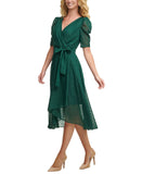 Tommy Hilfiger Self Tie Puff Sleeve Clip Dot Chiffon Midi Dress Spruce Green 14