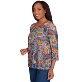 Alfred Dunner Stitched Pleated Neck Paisley Floral Top 16254WS Blue Multi 1X