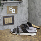 Bearpaw Leather Buckle Strappy Slip On Open Toe Sandals Black / Gray Multi 6M