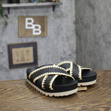 Bearpaw Criss Cross Woven Raffia Faux Leather Slide Sandals Black / Off White 7M