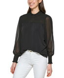 Calvin Klein Womens Long Sleeve Mock Neck Smocked Blouse Black XL