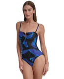 DKNY Womens Shirred One-Piece Swimsuit DIMMS605 Brush Stroke Blue Multi M
