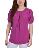 NY Collection Womens Knit Mesh Inset Puff Short Sleeve Top Magenta Purple M