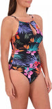 Jessica Simpson Womens Midweight Textured One Piece Swimsuit Palms Black 2XL