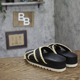 Bearpaw Criss Cross Woven Raffia Faux Leather Slide Sandals Black / Off White 7M
