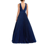 Ieena by Mac Duggal Shimmering Lurex Pleated Maxi Dress Gown Royal Navy Blue 14