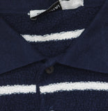 Simkhai Mens Calum Silk Blend Textured Polo Shirt Midnight Stripe Blue L
