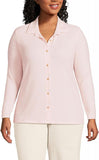 Lands End Womens Long Sleeve Wide Rib Button Front Polo Shirt Pale Petal Pink 2X