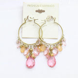 Fashion Earrings Dangly Beaded Cluster Teardrop Hoop Earrings Gold / Pink 2.75"