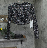 Alex & Sophia Cropped Faux-Pearl-Trim Sequin Velvet Top Charcoal Black 2XS