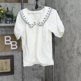 LC Lauren Conrad Womens Woven Embroidered Collar Button Up Shirt White / Black M