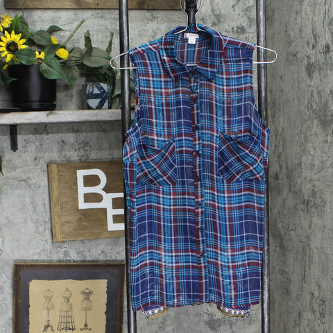 Xhilaration Womens Semi Sheer Button Up Tunic Shirt Top Blue Plaid S