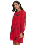 Calvin Klein Floral Chiffon Sheer Sleeve Jewel Neck Shift Dress Red / Black 6