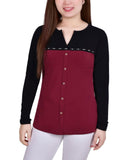 Ny Collection Women's Studded Color Blocked Split Neck Top MCKU1721