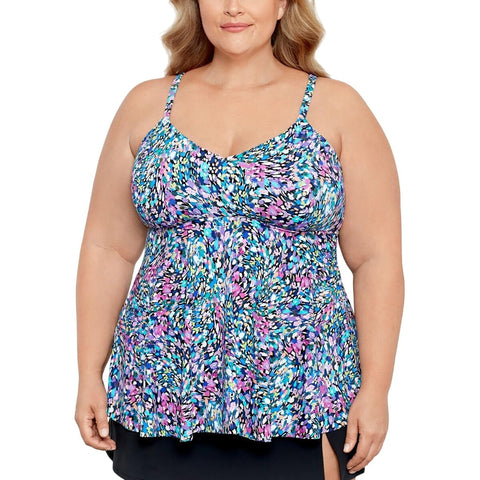 Swim Solutions Plus Printed Underwire Tankini Swim Top Dancing Colors Pink 16W
