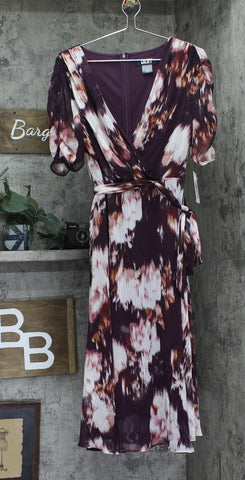 DKNY Womens Printed Surplice-Neck Tie-Waist Dress DD4FI786 Raisin Purple Multi 8