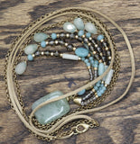 Fringe Tassel Pendant Necklace with Faux Leather Cord Tan Brown / Blue Multi 28"