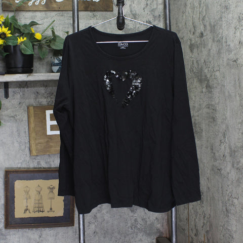 Denim & Co. Womens Perfect Jersey Sequin Heart Round Neck Top Shirt Black XL