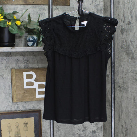 LC Lauren Conrad Womens Knit Crochet Trim Cap Sleeve Blouse Shirt Top Black S