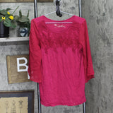 DG2 by Diane Gilman Womens Lace Neck Bell Sleeve Knit Shirt Top Magenta Pink M