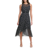 Tommy Hilfiger Sleeveless Belted Polka Dot Chiffon Midi Dress Black / Ivory 2