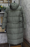 Sebby Collection Womens Long Belted Puffer Coat with Hood Jacket Olive Green S