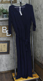 Ny Collection Womens Petite 3/4 Sleeve Belted Wide Leg Jumpsuit Navy Blue PXL