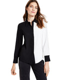 Bar III Colorblocked Button-Down Long Sleeve Collared Blouse Top Black 2XS