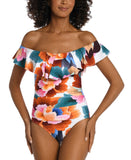 La Blanca Rhythm Off-The-Shoulder Ruffle-Trim One-Piece Swimsuit Multi Pink 6