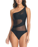 Bar III Womens One-Shoulder Mesh Cutout One Piece Swimsuit MBNB24232 Black M
