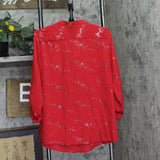 Ny Collection Roll Tab Sleeve Button Down Metallic Foil Blouse Top Glowdot Red L