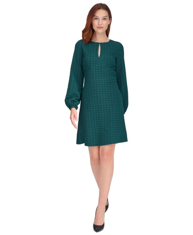 Tommy Hilfiger Houndstooth Knit Keyhole Neck Fit Flare Dress Cypress Green 14