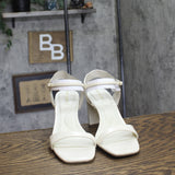 Anne Klein Beata Square Toe Dress Sandals Block Heel Bone Crinkle Off White 9M
