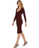 DKNY Braided V-Neck Long-Sleeve Ribbed Sweater Dress P2HUAE30 Bordeaux Purple L
