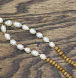 Faux Leather Tassel Wood Beaded Necklace Brown / White 29" + 4"