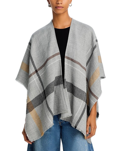 Aqua Womens Fringe Lightweight Plaid Ruana 494126 Gray Grey Multi