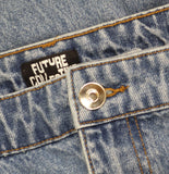Future Collective Womens Mid-Rise Studded Barrel Leg Jeans Blue Denim 18