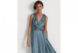 Lauren Ralph Lauren Belted Charmeuse Cocktail Dress Highland Sea Green Blue 6