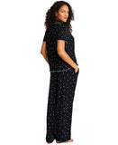 State Of Day Womens Fluid Knit Notched Pajama Set Deep Black Polka Dot L