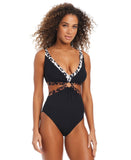Bar III Womens In My Skin Ring One-Piece Swimsuit Natural Black Multi L