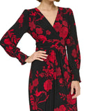 Tommy Hilfiger Surplice-Neck Long Sleeve Smocked Midi Dress Black / Scarlet 8