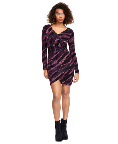 Siena Womens V Neck Metallic Side-Twist Long-Sleeve Dress Purple Multi 0