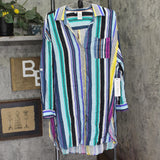 Anne Cole Cover Up Shirt with Buttons Roll Tab Barcode Stripe Blue Multi L/XL
