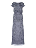 Adrianna Papell Blouson Embroidered Beaded Short Sleeve Dress Gown Dusty Blue 4
