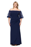 Xscape Plus Size Long Illusion Sleeve Off The Shoulder Dress Gown Navy Blue 18W